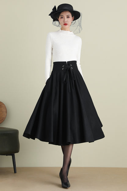 Black Wool Midi Skirt - High Waist Circle Swing | Xiaolizi 3900