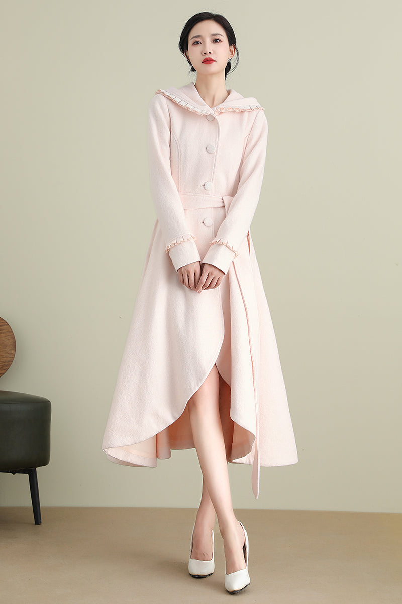 Long Pink Hooded Wool Coat 3901