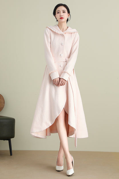 Pink Wool Coat – Women’s Hooded Asymmetrical Long Winter Coat with Belt 3901