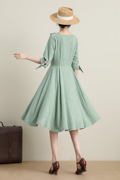 Green Polyester Swing Midi Dress - Fit and Flare with Asymmetrical Collar 3320