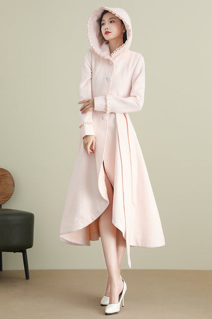 Pink Wool Coat – Women’s Hooded Asymmetrical Long Winter Coat with Belt 3901