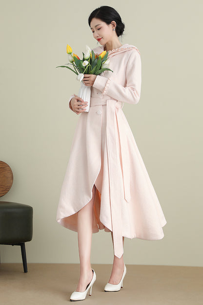 Pink Wool Coat – Women’s Hooded Asymmetrical Long Winter Coat with Belt 3901
