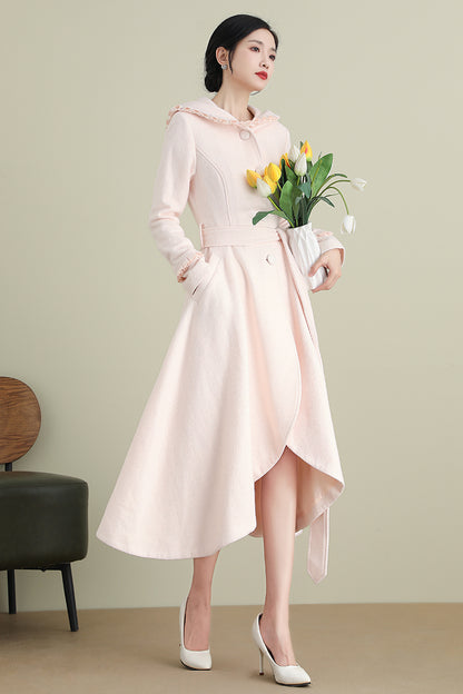 Pink Wool Coat – Women’s Hooded Asymmetrical Long Winter Coat with Belt 3901