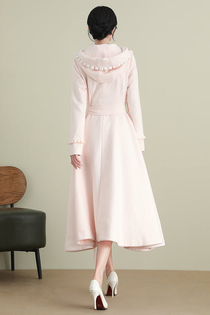 Pink Wool Coat – Women’s Hooded Asymmetrical Long Winter Coat with Belt 3901