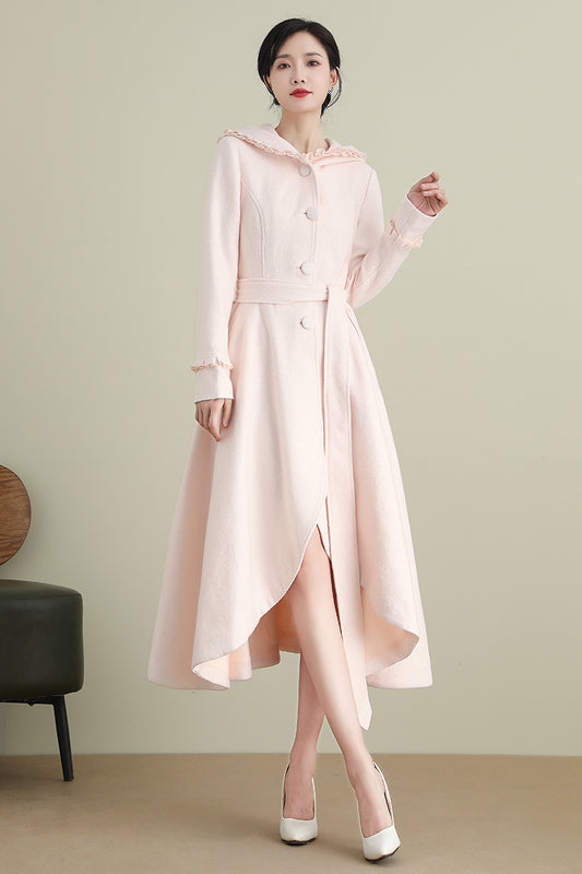 Long Pink Hooded Wool Coat 3901