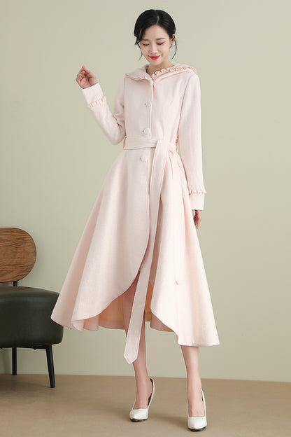 Pink Wool Coat – Women’s Hooded Asymmetrical Long Winter Coat with Belt 3901