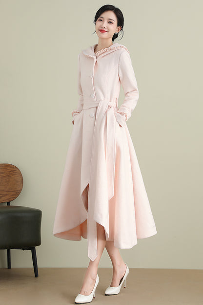 Pink Wool Coat – Women’s Hooded Asymmetrical Long Winter Coat with Belt 3901