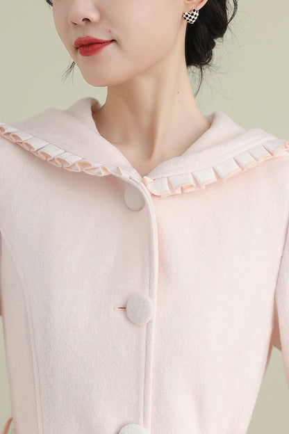 Pink Wool Coat – Women’s Hooded Asymmetrical Long Winter Coat with Belt 3901