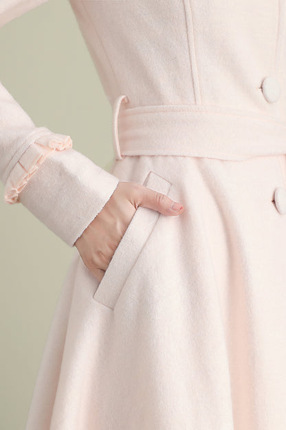 Pink Wool Coat – Women’s Hooded Asymmetrical Long Winter Coat with Belt 3901