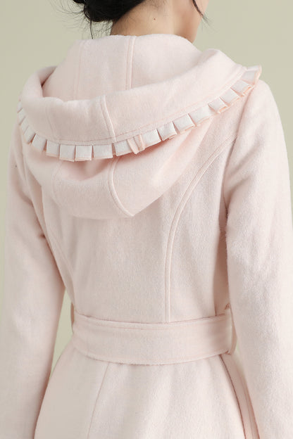 Pink Wool Coat – Women’s Hooded Asymmetrical Long Winter Coat with Belt 3901