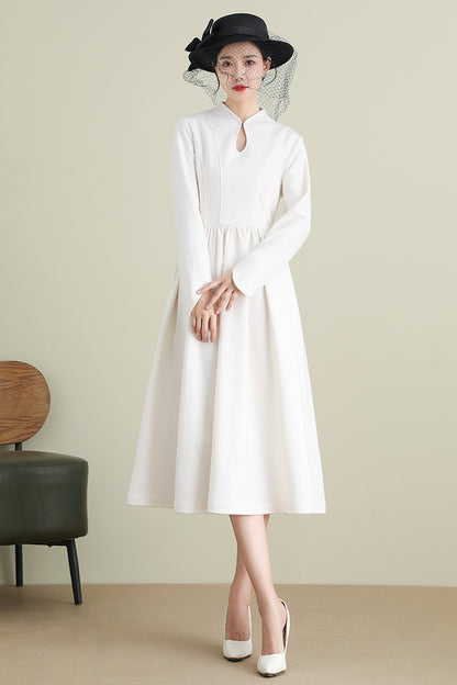 White A-Line Midi Wool Dress 3902