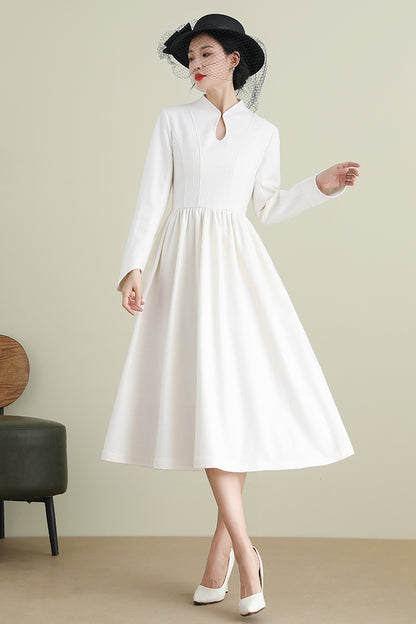 White A-Line Midi Wool Dress 3902