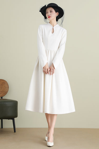 White A-Line Midi Wool Dress 3902