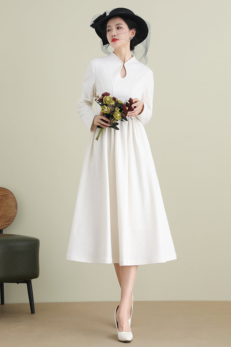 White A-Line Midi Wool Dress 3902
