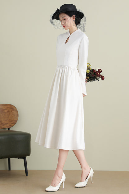 White A-Line Midi Wool Dress 3902