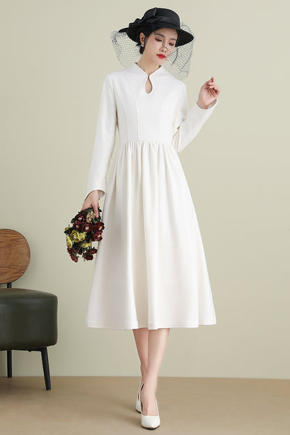 White A-Line Midi Wool Dress 3902