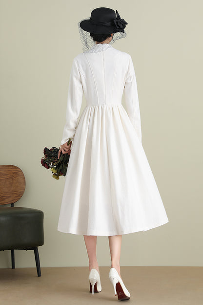 White A-Line Midi Wool Dress 3902