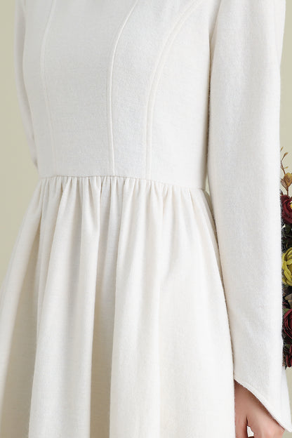 White A-Line Midi Wool Dress 3902