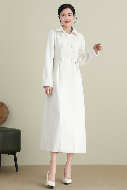 Xiaolizi White Long Wool Coat for Women – Handmade Double Breasted Winter Wedding Coat 3903