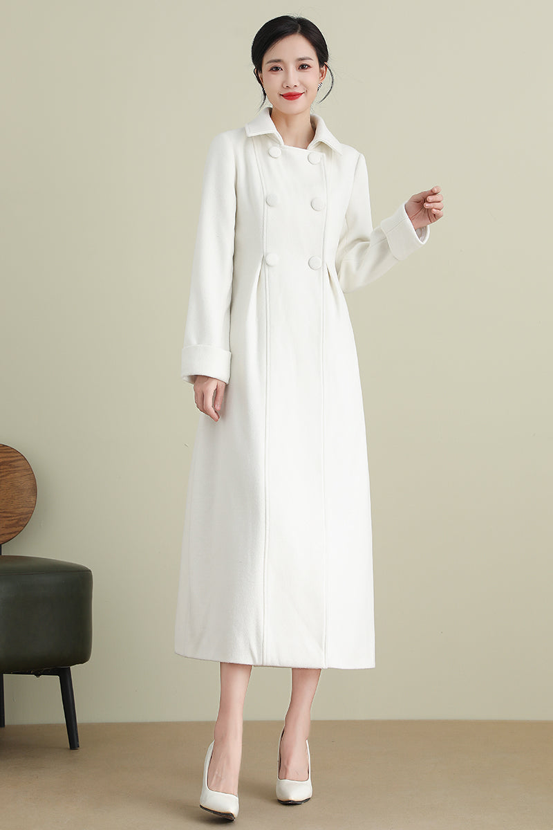 White Long Wedding Wool Coat 3903,Size 170-US2 #CK2202372