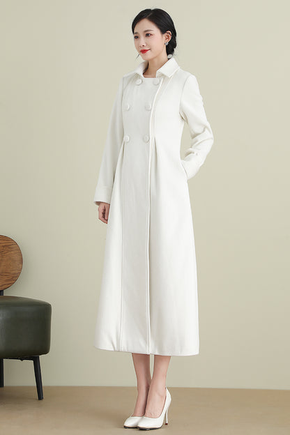 Xiaolizi White Long Wool Coat for Women – Handmade Double Breasted Winter Wedding Coat 3903