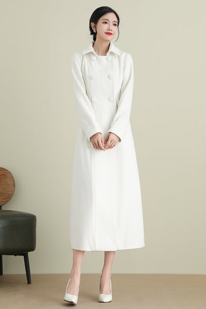 Xiaolizi White Long Wool Coat for Women – Handmade Double Breasted Winter Wedding Coat 3903