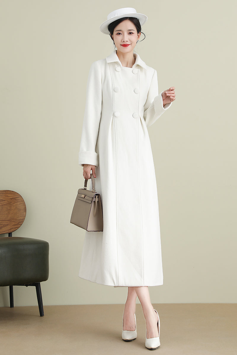 White Long Wedding Wool Coat 3903,Size 170-US2 #CK2202372