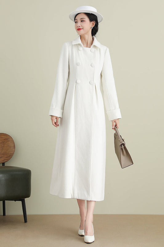 White Long Wedding Wool Coat 3903,Size 170-US2 #CK2202372