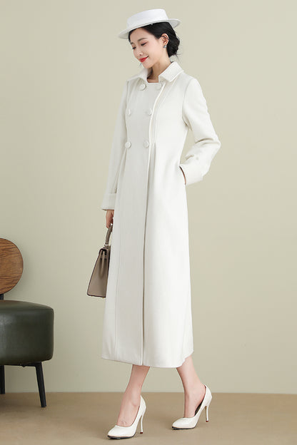 Xiaolizi White Long Wool Coat for Women – Handmade Double Breasted Winter Wedding Coat 3903