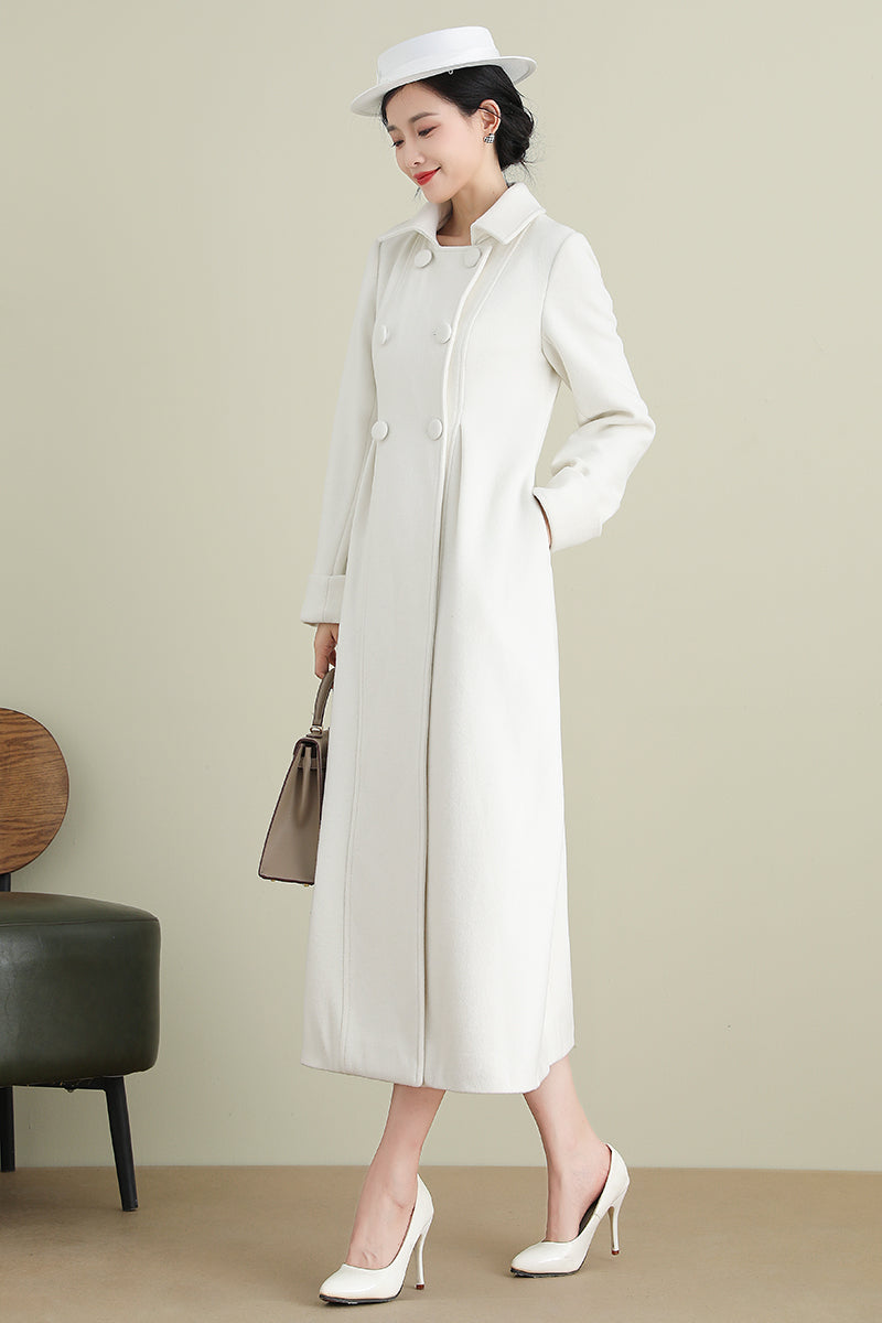 White Long Wedding Wool Coat 3903,Size 170-US2 #CK2202372