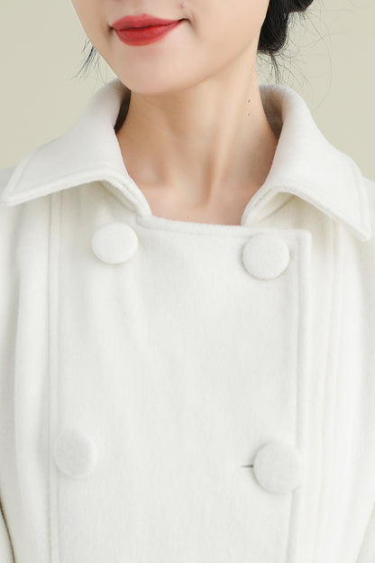 Xiaolizi White Long Wool Coat for Women – Handmade Double Breasted Winter Wedding Coat 3903