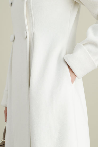 Xiaolizi White Long Wool Coat for Women – Handmade Double Breasted Winter Wedding Coat 3903