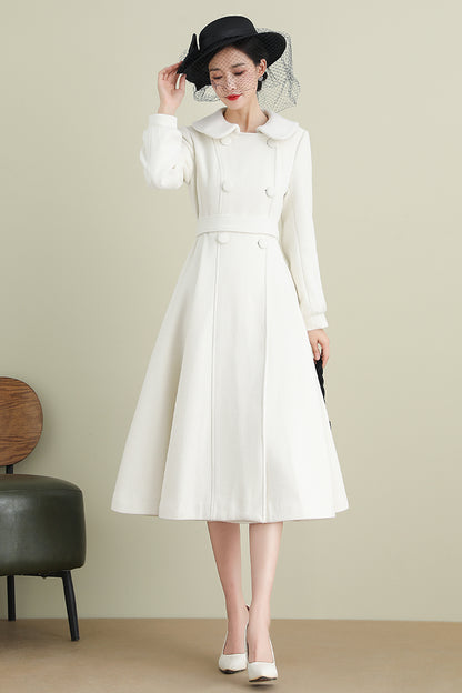 Handmade White Wool Coat – Long A-Line Swing Winter & Wedding Overcoat for Women | Xiaolizi 3904