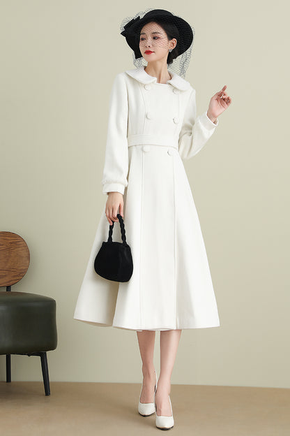 Handmade White Wool Coat – Long A-Line Swing Winter & Wedding Overcoat for Women | Xiaolizi 3904