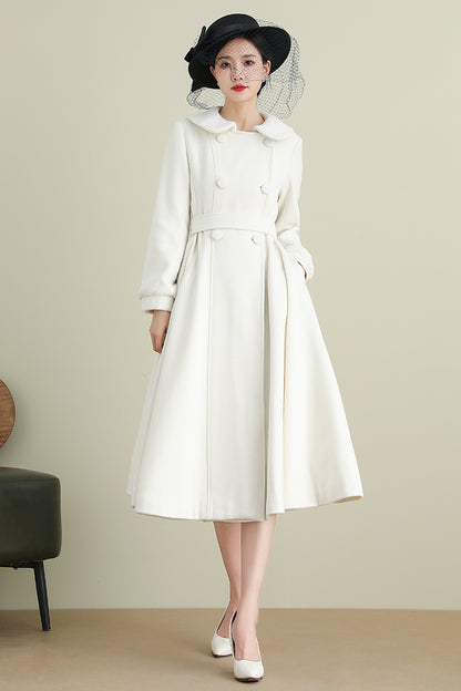 Handmade White Wool Coat – Long A-Line Swing Winter & Wedding Overcoat for Women | Xiaolizi 3904