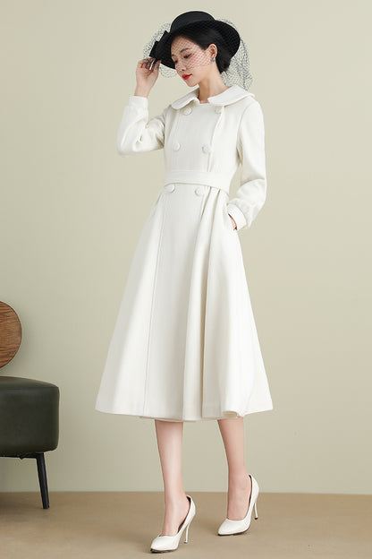 Handmade White Wool Coat – Long A-Line Swing Winter & Wedding Overcoat for Women | Xiaolizi 3904