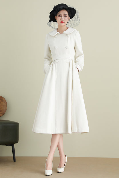 Handmade White Wool Coat – Long A-Line Swing Winter & Wedding Overcoat for Women | Xiaolizi 3904