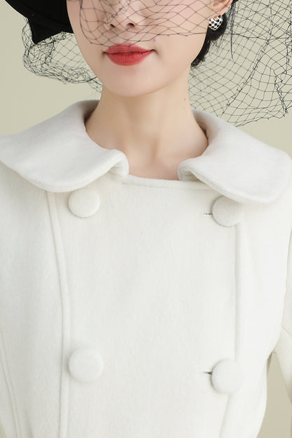 Handmade White Wool Coat – Long A-Line Swing Winter & Wedding Overcoat for Women | Xiaolizi 3904