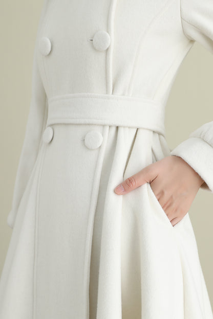 Handmade White Wool Coat – Long A-Line Swing Winter & Wedding Overcoat for Women | Xiaolizi 3904