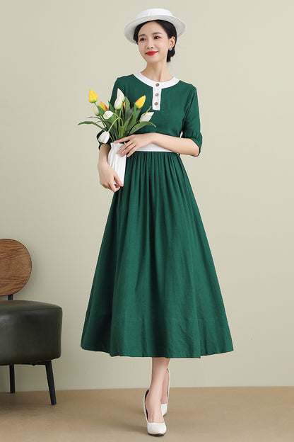 Green Linen Cotton Midi Dress - Half Sleeve Belted | Xiaolizi 3905
