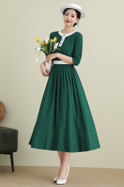 Green Linen Cotton Midi Dress - Half Sleeve Belted | Xiaolizi 3905