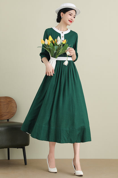 Green Linen Cotton Midi Dress - Half Sleeve Belted | Xiaolizi 3905