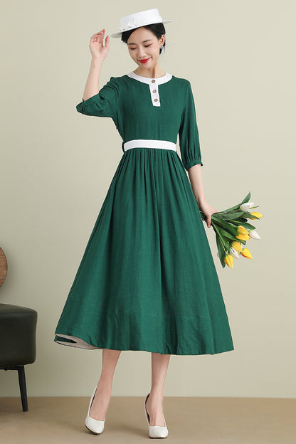 Green Linen Cotton Midi Dress - Half Sleeve Belted | Xiaolizi 3905