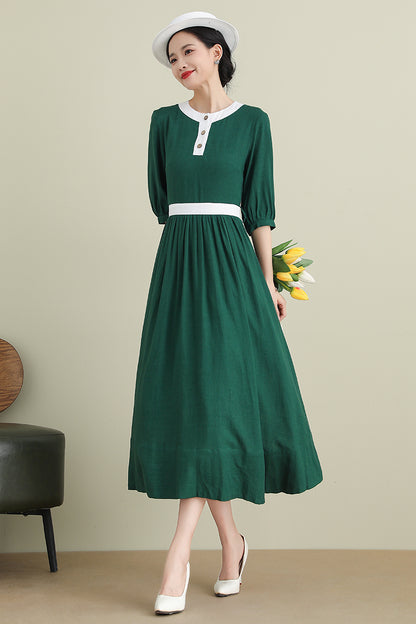 Green Linen Cotton Midi Dress - Half Sleeve Belted | Xiaolizi 3905