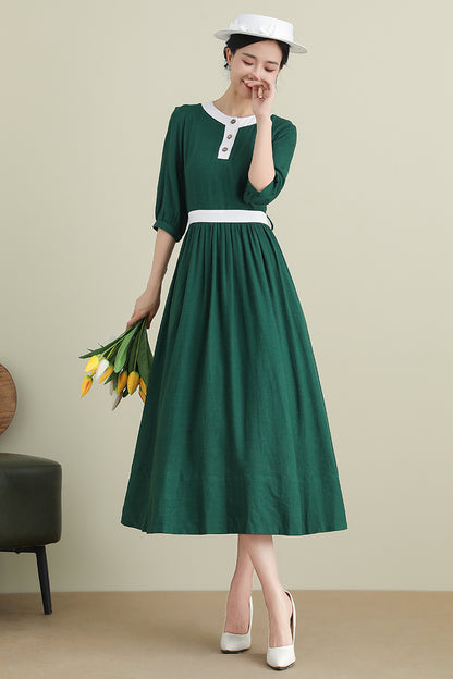 Green Linen Cotton Midi Dress - Half Sleeve Belted | Xiaolizi 3905