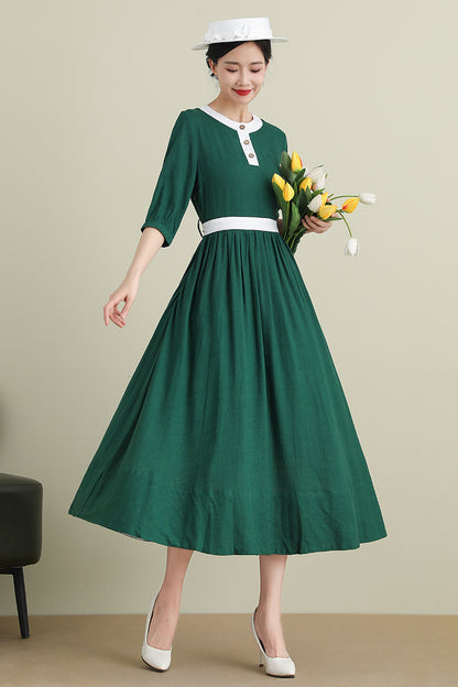 Green Linen Cotton Midi Dress - Half Sleeve Belted | Xiaolizi 3905