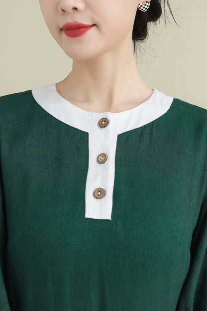 Green Linen Cotton Midi Dress - Half Sleeve Belted | Xiaolizi 3905