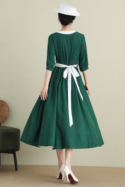 Green Linen Cotton Midi Dress - Half Sleeve Belted | Xiaolizi 3905