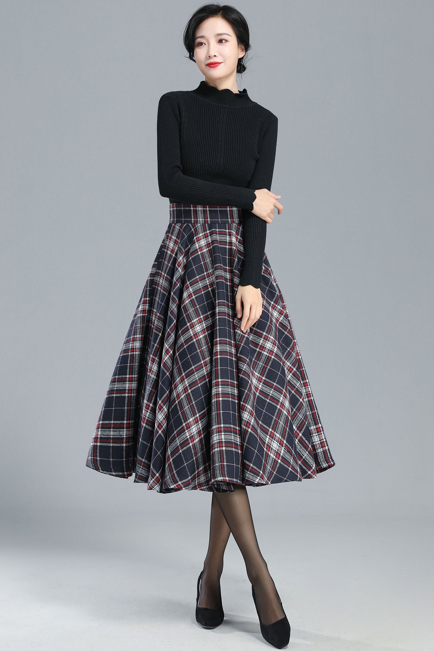 High Waist Midi Wool Plaid Skirt 3244