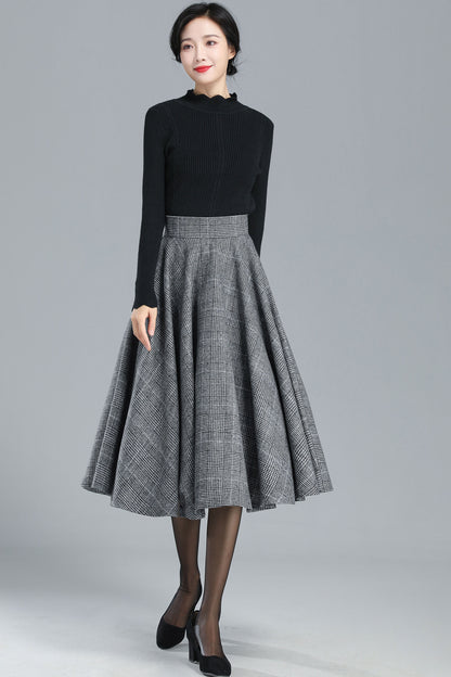 Handmade Wool Plaid Circle Skirt – High Waist Pleated Midi for Autumn Winter 3245
